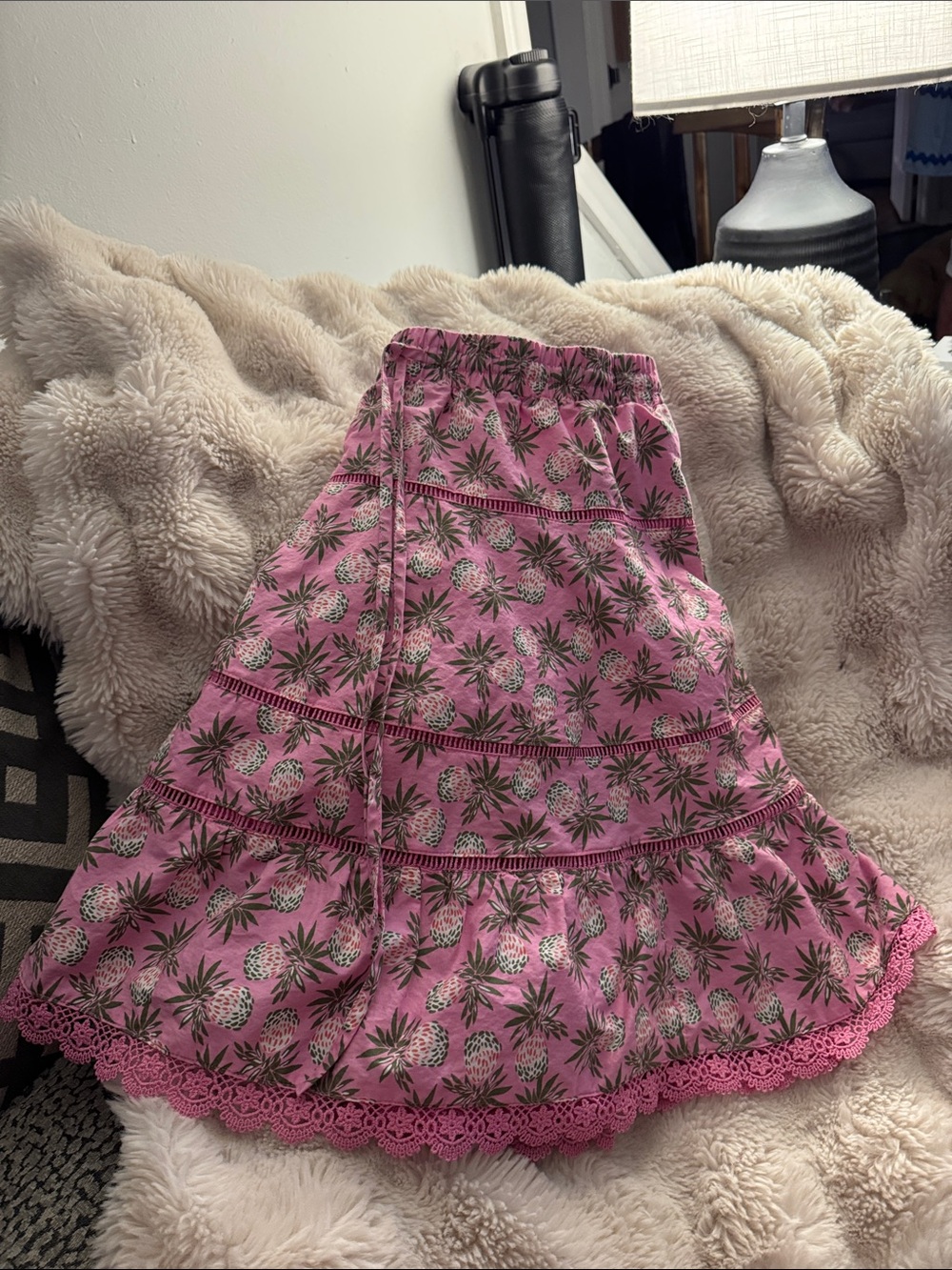 Pink Pineapple-Print Tiered Skater Skirt